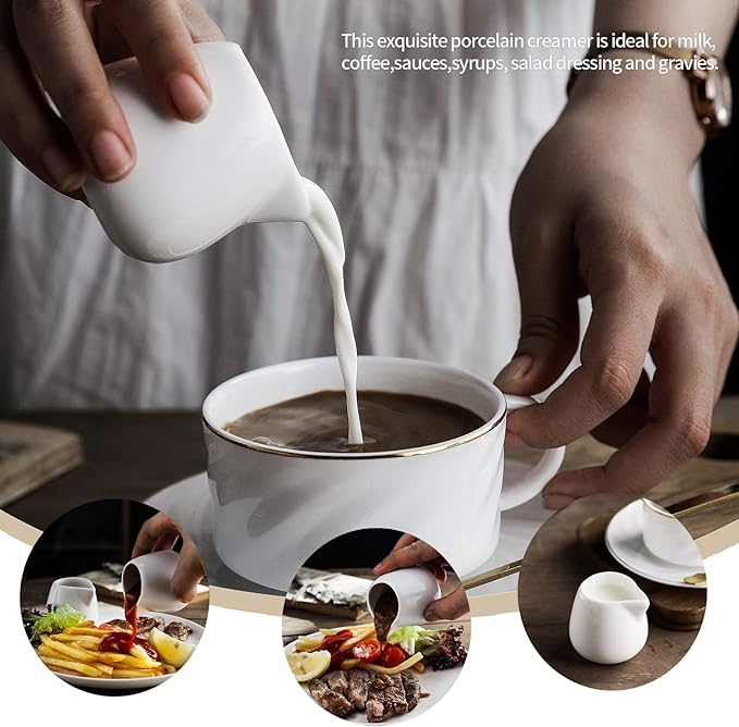 OMAYKEY 3 OZ 6-pcs Mini Porcelain Creamer, Small Ceramic Cream Pitcher Sauce Pitcher Sets Serving for Coffee Tea Milk - White