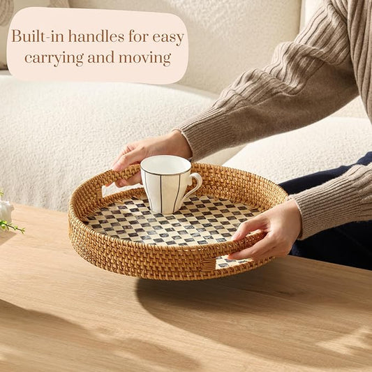 YANGQIHOME Round Rattan Tray with Handle, Mother of Pearl Inlay Decorative Wicker Basket for Coffee, Bread, Fruits, Serving Tray for Home Decor, Checkerboard