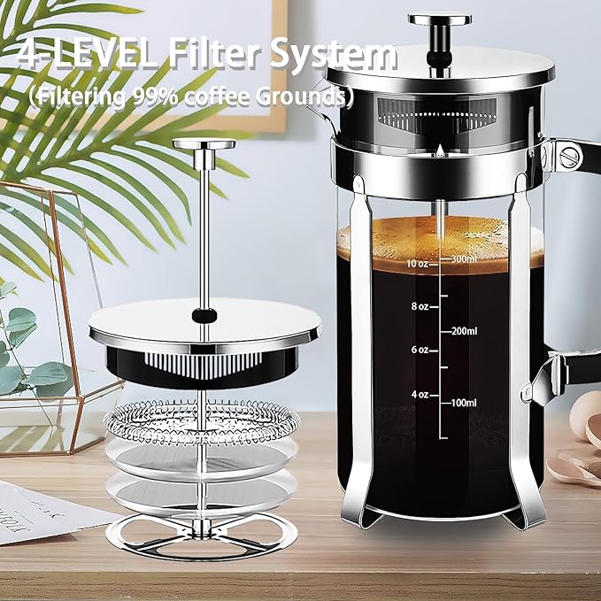 YMMIND French Press Coffee Maker 304 Stainless Steel Coffee Press,with 4 Filters System, Heat Resistant Thickness Borosilicate French Press Glass, BPA-Free Brewed Tea Pot Coffee Plunger(Copper 12oz)