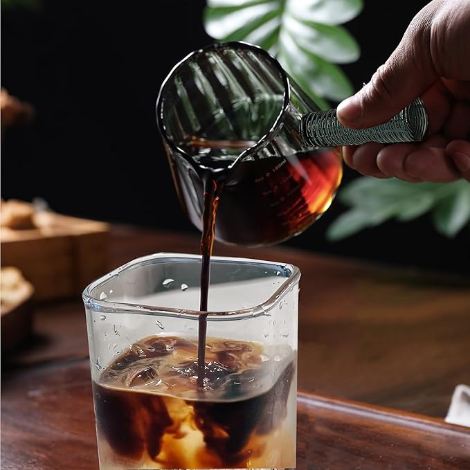 FANTESTICRYAN 6OZ Measuring Cup, Ribbed Borosilicate Glass Espresso Cup, V-Shaped Spout Drain Espresso Double Shots, Coffee Milk Tea Accessories (Dark Gray, Glass Handle)