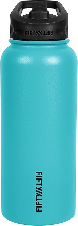 Fifty/Fifty Sport Water Bottle, Straw Cap with Wide Mouth, 34 oz/1 Large, Aqua