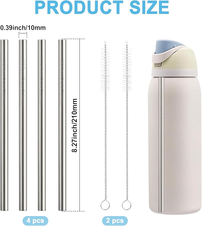 Metal Straw Replacement Set Compatible with Owala Water Bottle 40 oz, Includes 4 Stainless Steel Straws & 2 Brushes, Premium Accessories for Owala Bottles