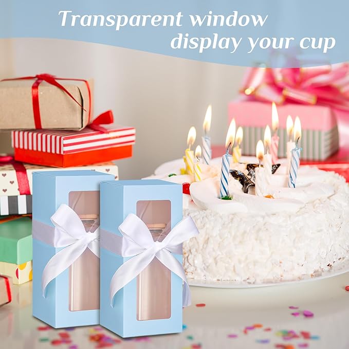 Honoson 24 Pcs Tumbler Gift Box with Ribbon for Sublimation Glass Exhibition Boxes Transparent for 12oz 16oz 20oz Drinking Cup Glasses Jars Mug Can Blanks(Light Blue)