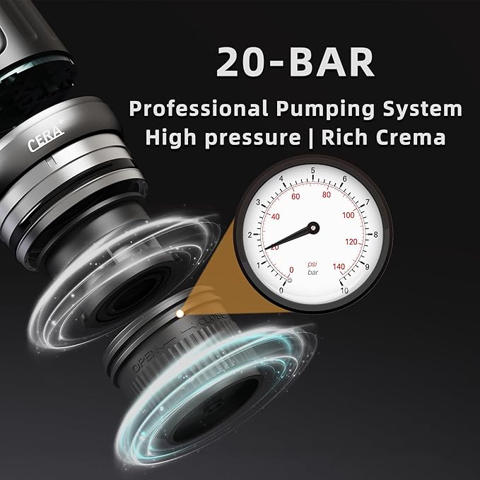 CERA+ Self-Heating Portable Espresso Machine,Up to 8 Cups per Charge & 20 Bar, 3 * 4500mAh, CERApresso Works with NS Capsules & Grounds, Electric Coffee Maker for Camping,Hiking,Office,Car,Travel