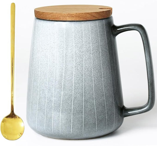 24 OZ Extra Large Ceramic Coffee Mug, with Spoon and Wooden Lid, Big Tea Cups with a Large Handle for Office and Home, Microwave and Dishwasher Safe (24 oz Grey Set)