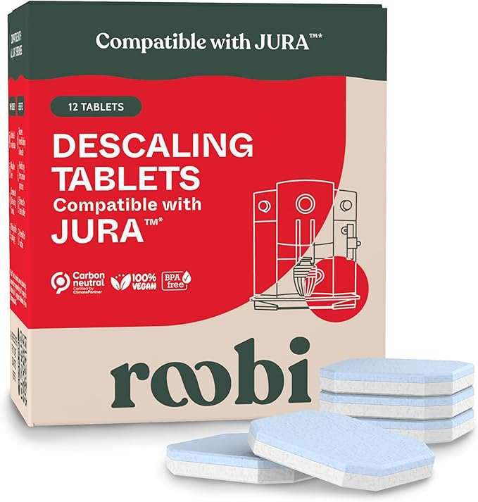 Roobi Jura Compatible Descaling Tablets. 12 Jura Descaling Tablets for Automatic Espresso Coffee Machines. 100% Vegan, Carbon Neutral.