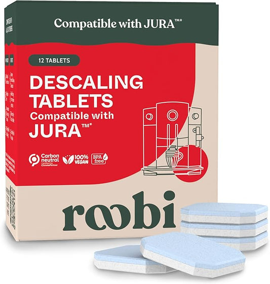 Roobi Jura Compatible Descaling Tablets. 12 Jura Descaling Tablets for Automatic Espresso Coffee Machines. 100% Vegan, Carbon Neutral.