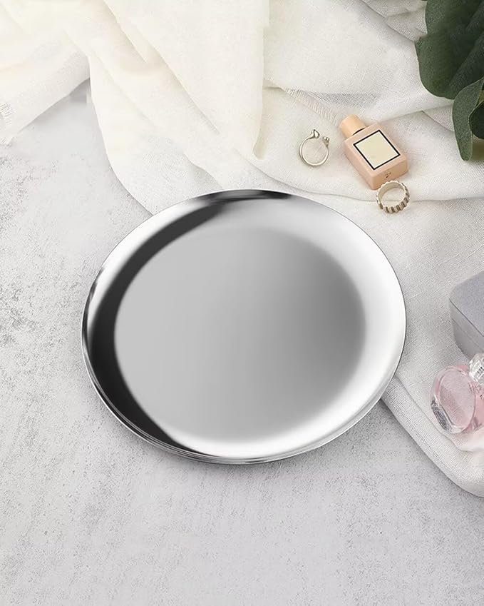 Serving Trays 7.9in Stainless Steel Decorative Tray Round Dessert Trays for Kitchen Wedding Party Light Silver