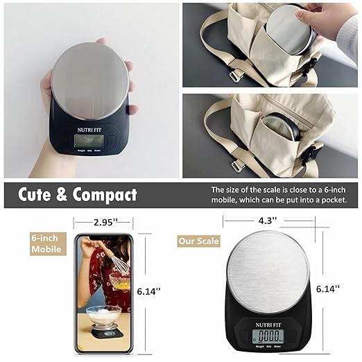 NUTRI FIT Digital Food Scale Small Kitchen Scales Weight in Grams and OZ for Cooking Baking Weight Loss, Stainless Steel Tare & Backlit LCD Display, Black