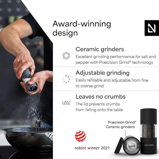 LARS NYSØM Salt and Pepper Grinder Set, Manual Salt and Pepper Mills with Adjustable Ceramic Grinder, Design Spice Shaker Set (Carbon Black)