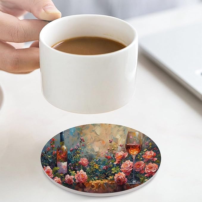 Round-4PCS Red Wine Drink Coasters, Round Modern Ceramic Absorbent Coasters, Oil Painting Style Red Wine Grapes Floral Rose Flower Decor Desk Coffee Table Coaster for Beverage Cup Tea Coasters