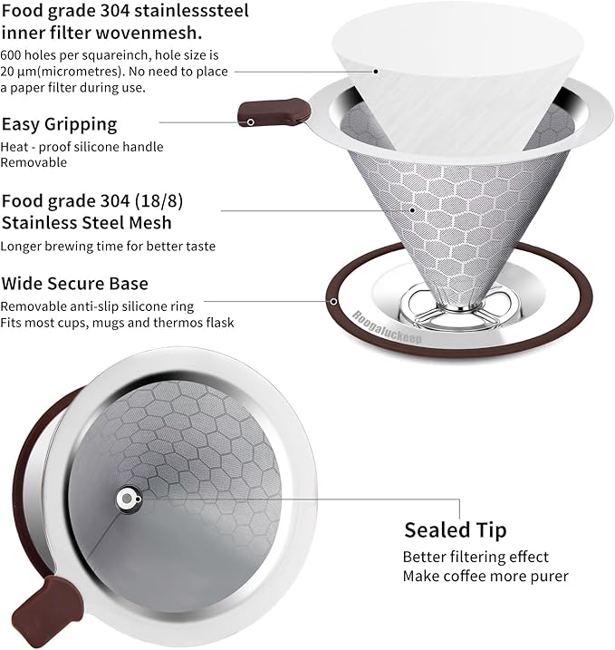 Pour Over Coffee Dripper, Stainless Steel Coffee Filter, Paperless Reusable Coffee Filter, Metal 600 Mesh Strainer Coffee Maker Single Cup Brewer 1-2 Cup