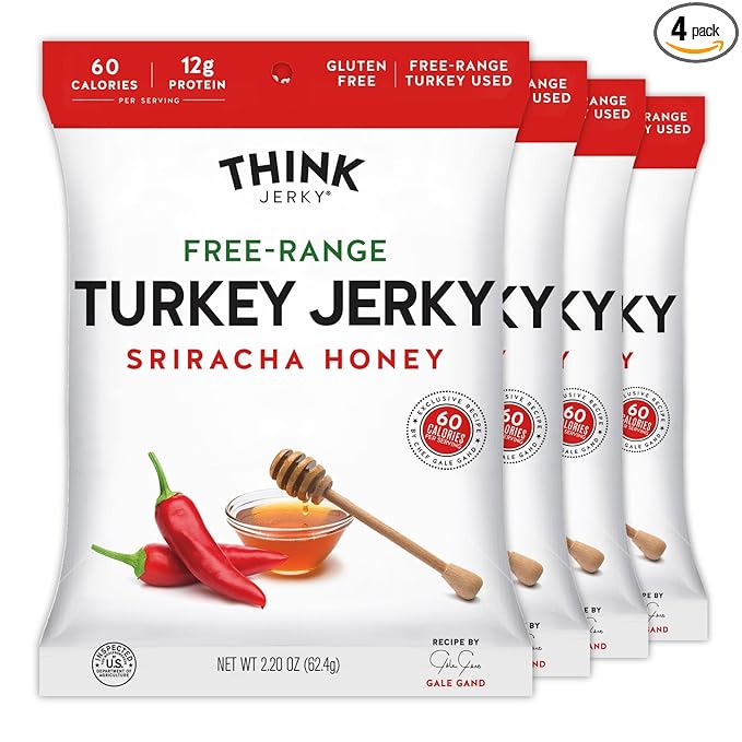 Think Jerky Sriracha Honey Turkey Jerky, High Protein Free-Range Turkey, Gluten Free, No Antibiotics or Nitrates, Healthy Chef Crafted Recipe, Low Calorie and Low Fat - 2.2 oz Bags, 4 Pack