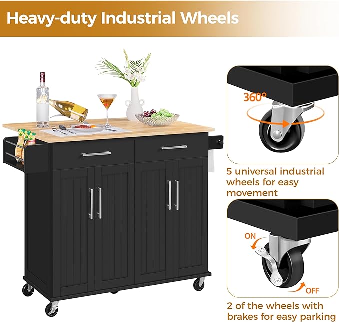 Yaheetech Kitchen Island Cart with Drop Leaf, 49" Rolling Island Table with Storage, Drawer, Kitchen Cart with Rubberwood Top, Detachable Towel & Spice Rack, Black