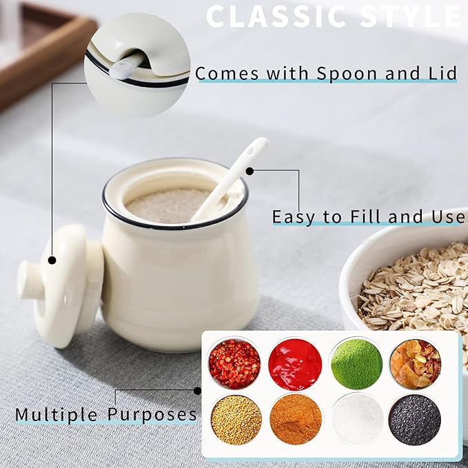 HAOTOP Porcelain Salt Bowl with Lid and Spoon,Ceramic Sugar Bowl 12oz (Beige)