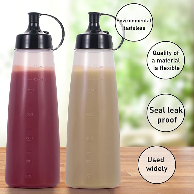 Katfort Condiment Squeeze Bottles Ketchup Dispenser 2PCS 16.9 oz Plastic Sauce Squirt Bottle with Cap Lids, Pancake Squirt Bottles for Sauces Liquids Mustard BBQ Dressing Pancake Art,Wide Mouth