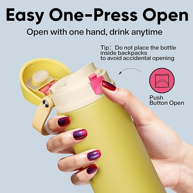 Insulated Water Bottle with Straw - Encool Stainless Steel Water Bottle with Push Button Lid, Leak-Proof & BPA-Free, Keeps Cold for 24 Hours for Sports, Travel, Gym (24 oz, Ginger)
