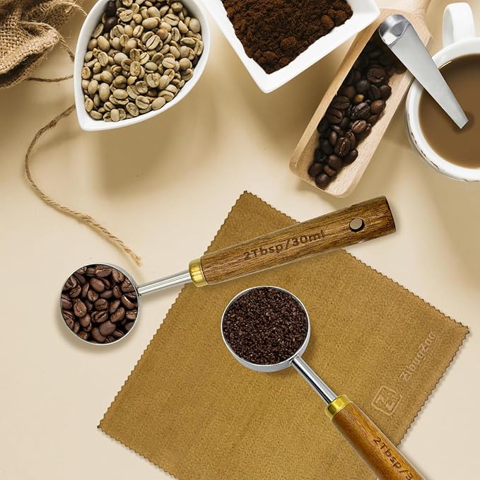 Coffee Scoop with Wooden Handle 2 Tbsp (30 ML) 304 Stainless Steel Measuring Tablespoon Scoop for Ground Coffee, Espresso, Tea, Protein Powder, Spices, etc. (6 Pack)