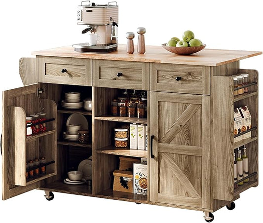 VINGLI Kitchen Island with Storage, 52" Rolling Kitchen Cart with 3 Drawers & Shelves, Drop Leaf Design, Mobile Island with Barn Doors, Towel & Spice Rack for Kitchen & Dining, Grey Brown Oak