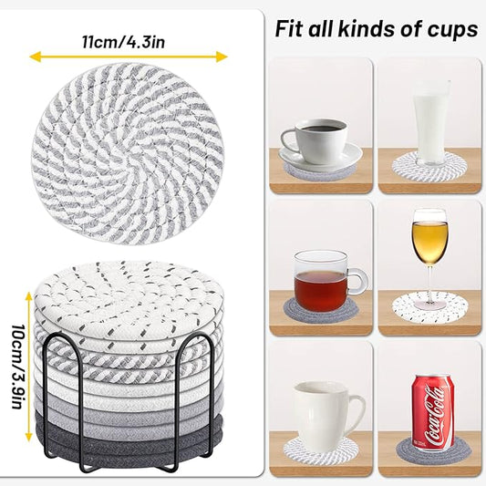 Billbotk 10 Pieces Coasters for Drink Absorbent, 5 Colors Drink Coasters with Holder, Woven Coasters Set for Coffee Table, Wooden Table Decor, Home Decor, 4.3 Inches