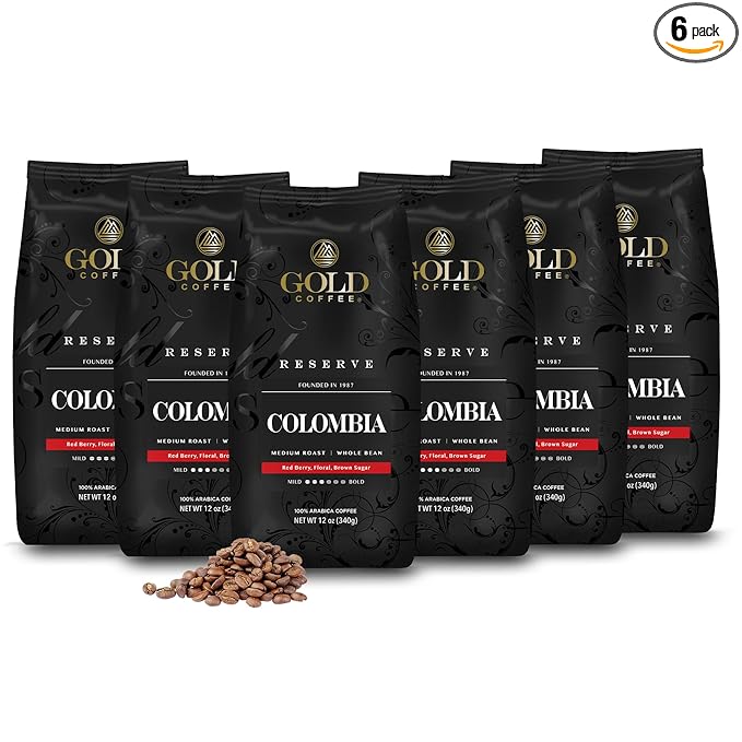 Gold Coffee | Premium Colombia Huila, Medium Roast, Whole Bean | 100% Colombian Coffee, 12 Oz (Pack of 6)