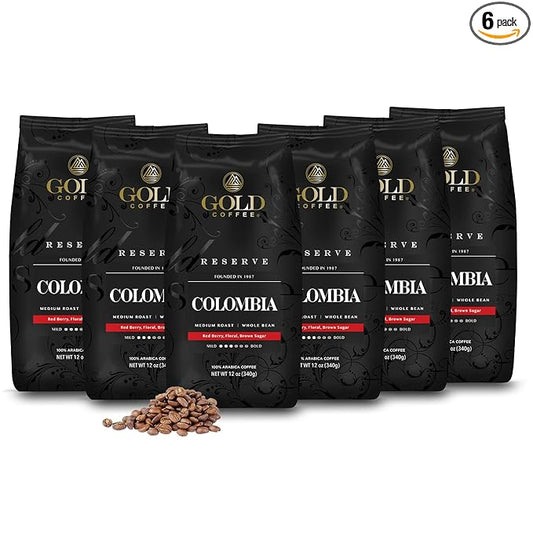 Gold Coffee | Premium Colombia Huila, Medium Roast, Whole Bean | 100% Colombian Coffee, 12 Oz (Pack of 6)