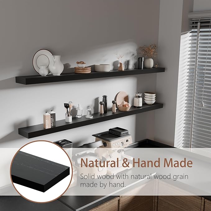 60 inch Long Floating Shelves for Wall,Solid Wood Long Shelves Set of 2,Rustic Wall Mounted Shelves with Invisible Brackets for Decor & Storage (Black, 60 Inch)