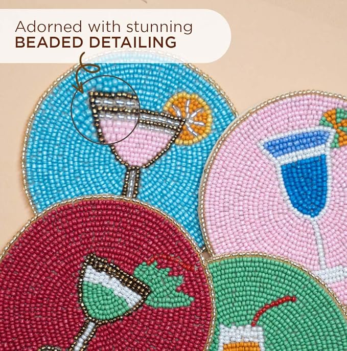 Folkulture Boho Coaster Set of 4 | 4" Round Decorative Drink Mats or Cocktail Coasters for Coffee Table & Farmhouse Decor | Cute & Stylish Table Accessories for Cups, Wine Glasses, Bar, Party or Gift