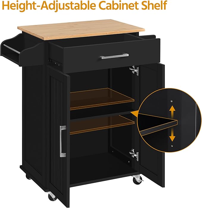 Yaheetech Kitchen Island on Wheels with Storage Cabinet, Rolling Kitchen Cart with Bamboo Top & Drawer & Spice Rack Towel Bar, Microwave Stand Cart for Kitchen/Dining Room, Black