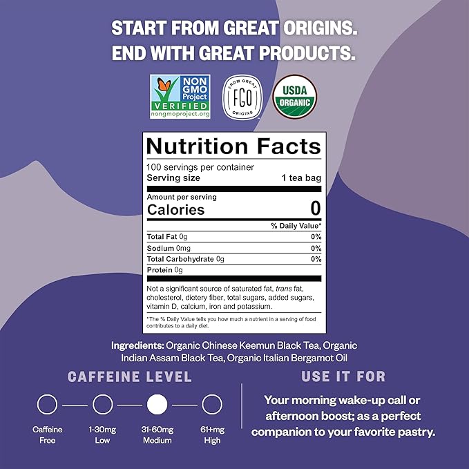 FGO Organic Earl Grey Black Tea, 100 Count, Eco-Conscious Tea Bags, Resealable Bag, Packaging May Vary (Pack of 1)