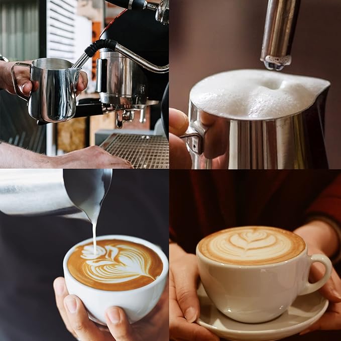 Milk Frothing Pitcher, 12oz Espresso Steaming Pitchers Stainless Steel Cappuccino Coffee Machine Accessories Barista Tools Steam Froth Pitchers Milk Jug Cup with Decorating Pen Latte Art, Rainbow
