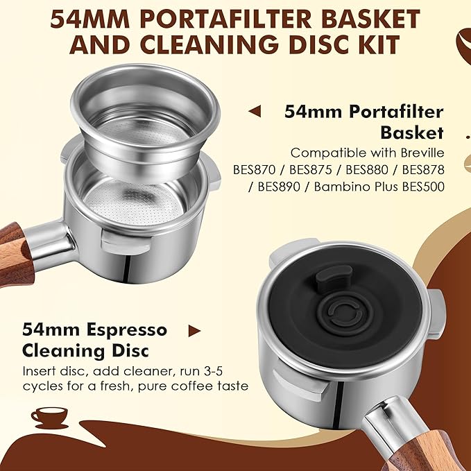 Dunkive 1 Pack 54mm Dual Wall Portafilter Basket Compatible with Breville Espresso Machines BES860XL/11.41, BES870, BES880, BES875, Two Cup Dual Wall Filter Replacement (Single Port,Black)