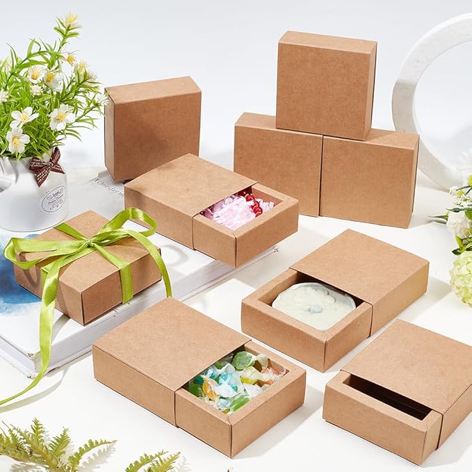 BENECREAT 20 Pack Kraft Paper Drawer Box Festival Gift Wrapping Boxes Soap Jewelry Candy Weeding Party Favors Gift Packaging Boxes - Brown (3.26x3.26x1.3)