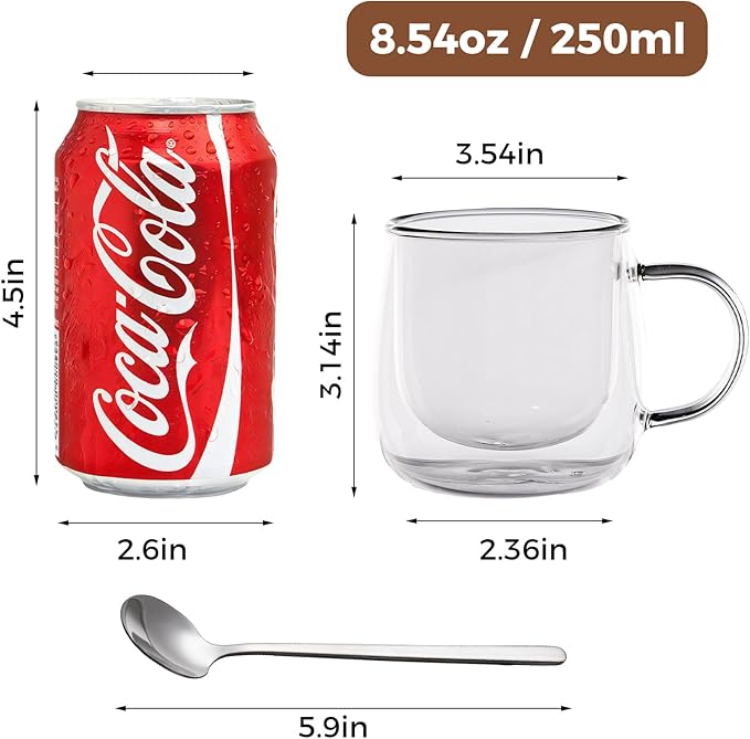 Double Wall Insulated Latte Glasses 10oz with Handle - Set of 1, Clear Glass Mugs for Cappuccino, Espresso, Tea & Hot Drinks