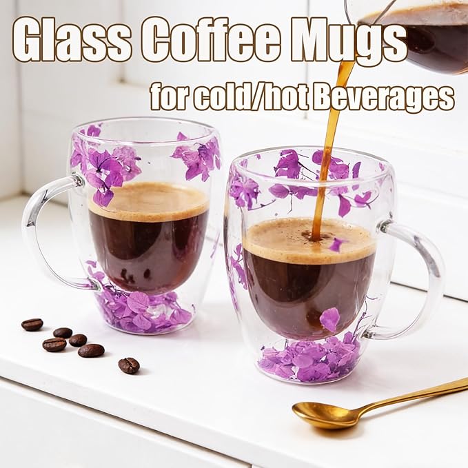 Viovian 13oz Double Wall Glass Coffee Mugs Set of 2 Insulated Glass Coffee Cups with Handles,Clear Dried Flower Tea Mug for Hot Beverages,Tea Cup Women Birthday Gifts