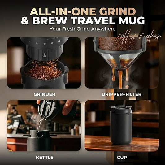 HAUSHOF Portable Coffee Maker, Travel Coffee Maker Battery Operated Small Pour Over Set, Compact Coffee Maker with Electric Grinder & Insulated Mug for Travel, Camping, Car
