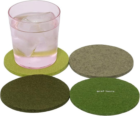 Graf Lantz - Bierfilzl Merino Wool Round Coasters Set of 4 - Green Thumb (4" Circles) - Absorbs 30% of Weight - German Wool - Heat Resistant, Sustainable, & Reusable - Home Decor & Coffee Table Decor