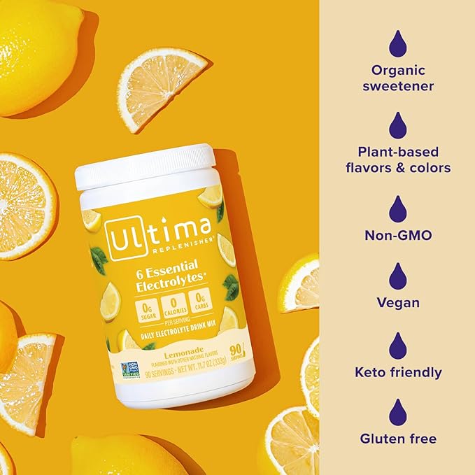 Ultima Replenisher Daily Electrolyte Powder Drink Mix – Sugar Free – Lemonade, 90 Servings – Hydration Powder with 6 Key Electrolytes and Trace Minerals – Keto Friendly, Vegan, Non-GMO