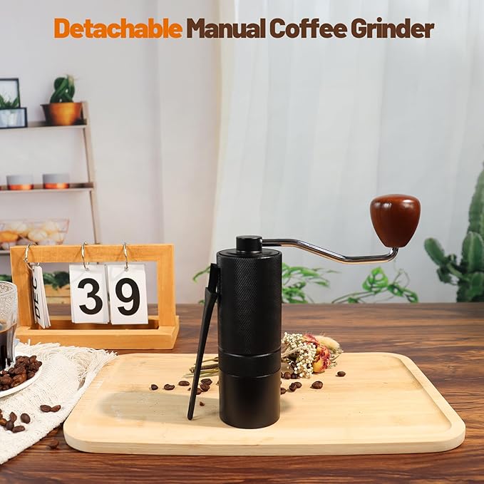 Manual Coffee Grinder Detachable Stainless Steel Conical Burr Aluminum Coffee Bean Grinder with 25 Grinding Settings Cleaning Brush Grindable Espresso Moka Pot French Press for Camping Black