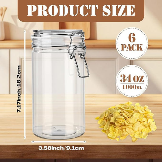 Suclain 6 Pcs 33 Oz/ 1000 ml Plastic Storage Jars with Airtight Hinged Lids, Clear Wide Mouth Food Storage Containers Empty Bottles Sealed Jars for Home Kitchen Candy Herbs Spices Coffee Nuts