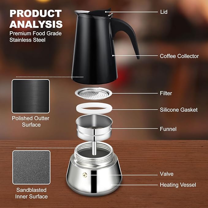 DITOSH 4 Cup Stovetop Espresso Maker Stainless Steel Moka Pot Stove Top Percolator Italian Coffee Makers Capable Mocha Greca Machine Cafe Classic Induction Cookers for Home and Camping 200ml 6.6oz