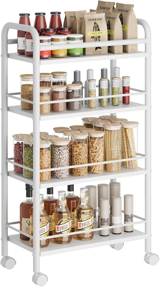 Slim Storage Cart, 4-Tier Small Rolling Cart with Wheels, 9.1" Deep, Narrow Bathroom Shelf Trolley for Kitchen, Bathroom, Laundry Room, White Large 4-Tier (9.1" W x 33.6" H)