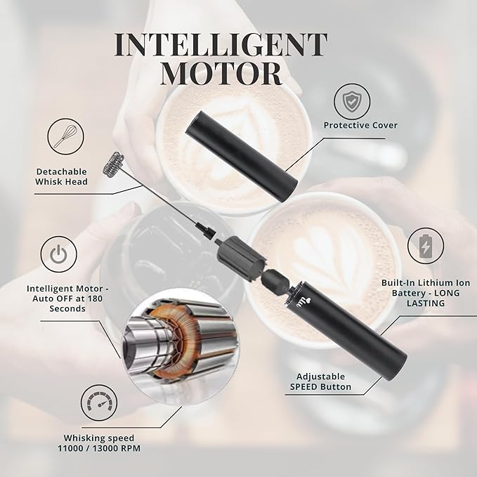 Rechargeable Milk Frother | Drink Mixer | Coffee Frother Handheld with USB-C Charging, stainless steel body, foam, stirrer for Milk, Coffee, matcha, cappuccino, latte, egg [BLACK]