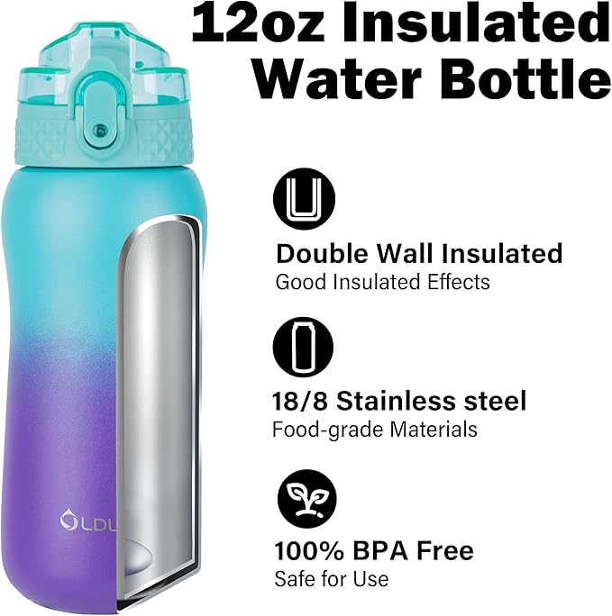 Oldley Insulated Water Bottles 12oz Kids Water Bottle with Straw, Stainless Steel Water Bottle with 2 Lids, Double Wall Vacuum Bottle, Leak-Proof Sports Bottles for School Travel, Green Purple
