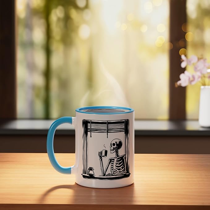 Skeleton Drinking Coffee - Minimalist Graphic Coffee Lover Ceramic Mug, Blue/White