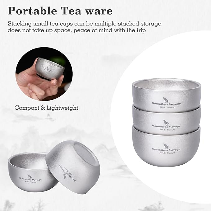 iBasingo Titanium Double Wall Mini Cups Small 40ml Tea Cups for Drinking, Whiskey, Espresso, Coating-Free, Dishwasher Safe Ti3204D (Silver * 3)