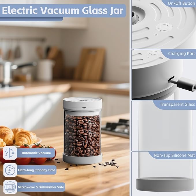 Vacuum Coffee Canister, 1.1L/16oz Vacuum Coffee Containers, Airtight Coffee Bean Storage Canister, Glass Storage Jars for Beans & Food