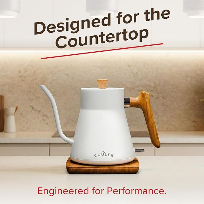 Coffee Gooseneck Kettle, Stainless Steel Interior, Electric Kettle for Boiling Water, Pour Hot Water Over Coffee, Tea, or Matcha, Electric Boiler, Heat Resistant Ergonomic Handle, White