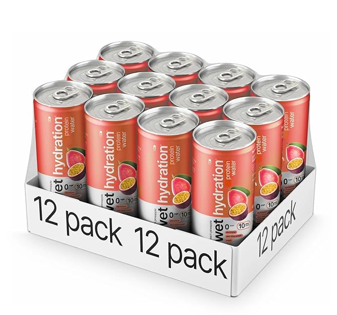 Wet Hydration | Functional Wellness Water, Non-Carbonated - Passion Guava (12 fl. oz. / 355ml Cans, Pack of 12) - Zero Calorie Hydration Drink with Electrolytes, Clear Whey Protein, BCAAs, Protein Water, No Sugar, No Artificial Ingredients