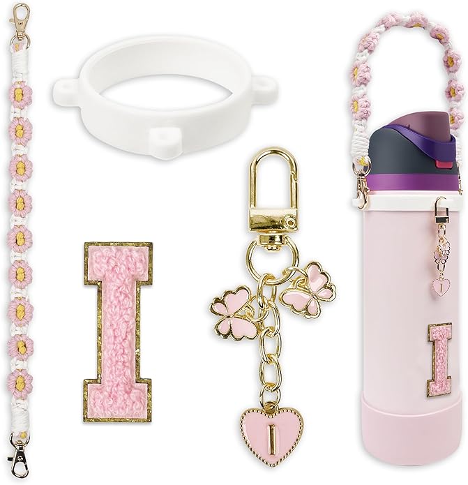 Compatible with Owala Water Bottle Accessories, Cute Letter Charm Set with Boho Handle Strap, Monogram Sticker, Silicone Ring, Keychain Decoration, for FreeSip 24 32 40oz, Owala Kids, Tumbler Gift